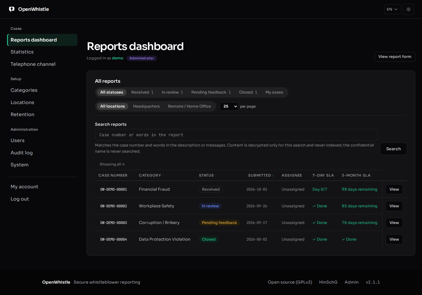 The reports dashboard: status and location filters, a search field, and the report table with case number, category, status, submitted day, assignee, 7-day SLA and 3-month SLA.