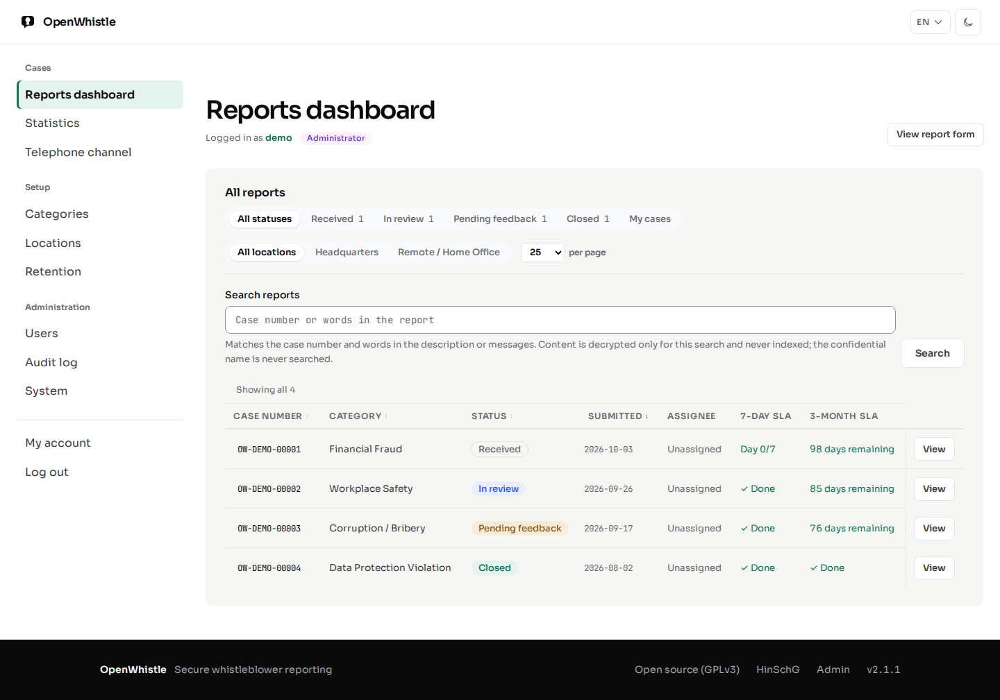 The reports dashboard: status and location filters, a search field, and the report table with case number, category, status, submitted day, assignee, 7-day SLA and 3-month SLA.