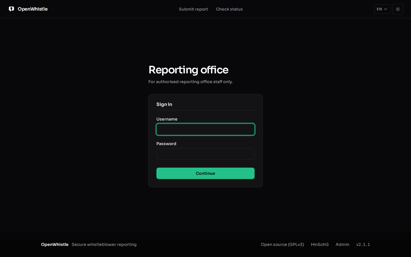 The reporting office sign-in: username, password and Continue.