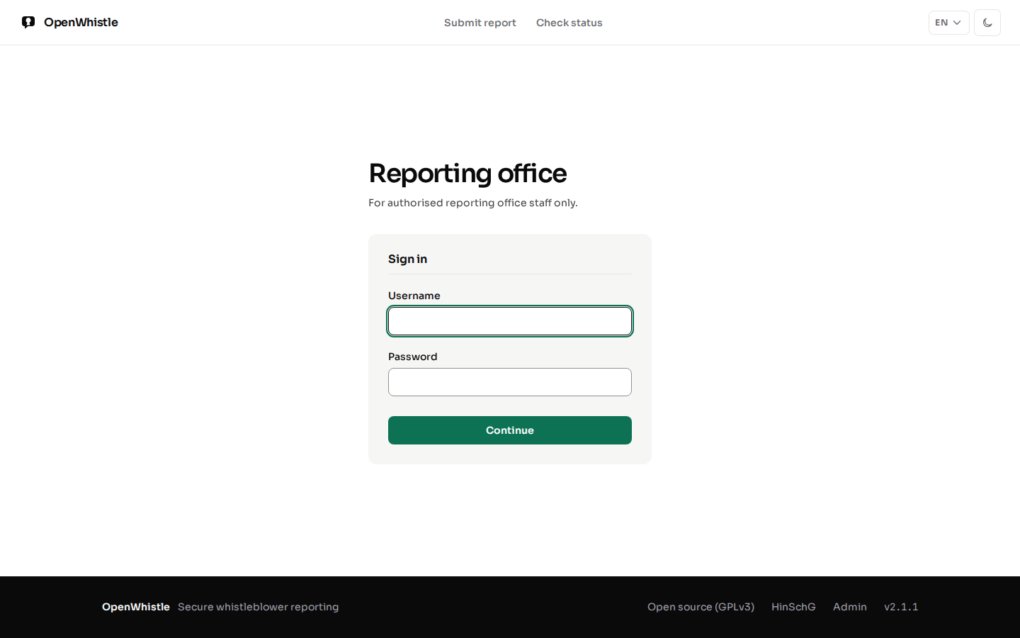 The reporting office sign-in: username, password and Continue.