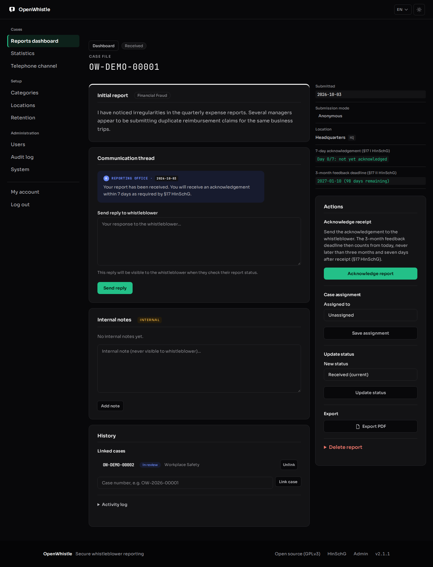 A case page: the report, the communication thread, a reply box and internal notes; beside them the submission details and the actions acknowledge, assign, update status, export PDF and delete.