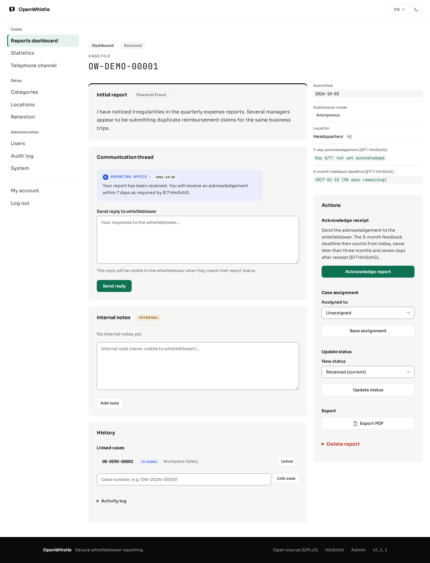 A case page: the report, the communication thread, a reply box and internal notes; beside them the submission details and the actions acknowledge, assign, update status, export PDF and delete.