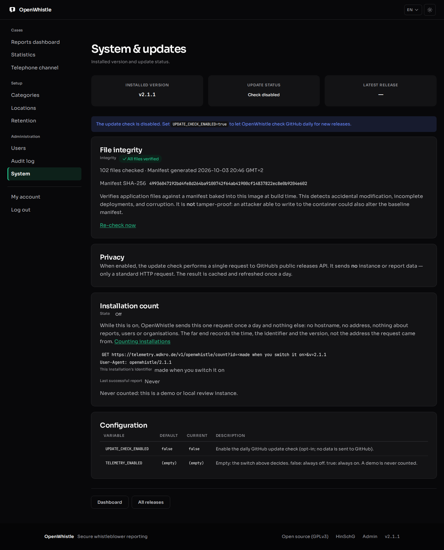 System and updates: installed version and update status, the file integrity check, the installation count card and the two settings behind them.