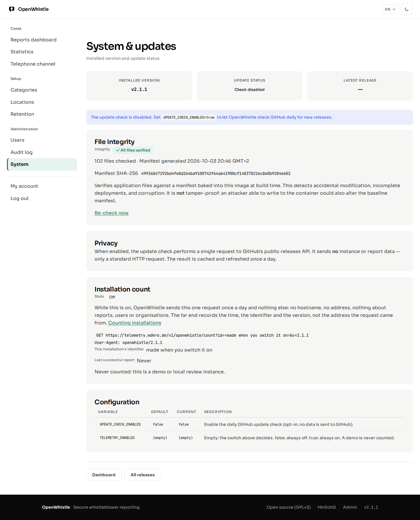 System and updates: installed version and update status, the file integrity check, the installation count card and the two settings behind them.