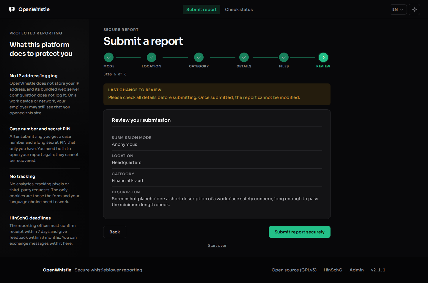 Step 6, the review: submission mode, location, category and description, with Back and Submit report securely.