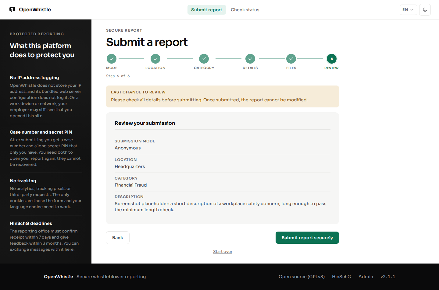 Step 6, the review: submission mode, location, category and description, with Back and Submit report securely.