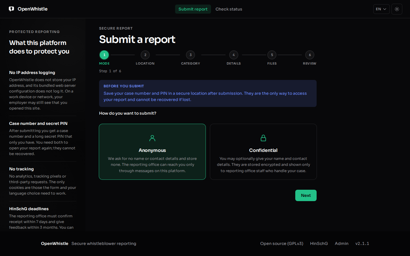 Step 1 of 6 of the submission wizard: a choice between Anonymous and Confidential, under the steps mode, location, category, details, files and review.