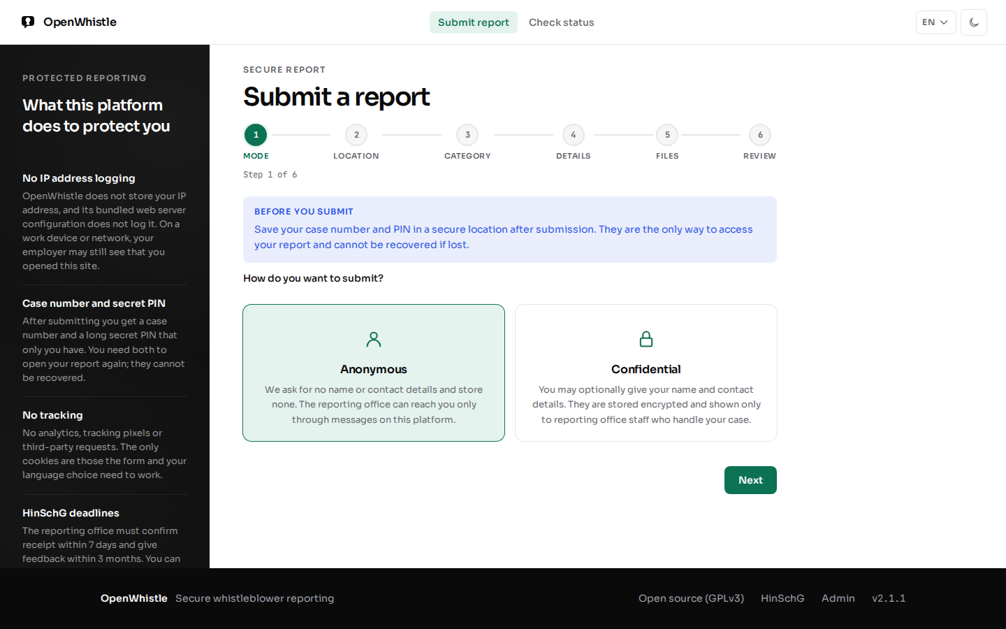 Step 1 of 6 of the submission wizard: a choice between Anonymous and Confidential, under the steps mode, location, category, details, files and review.